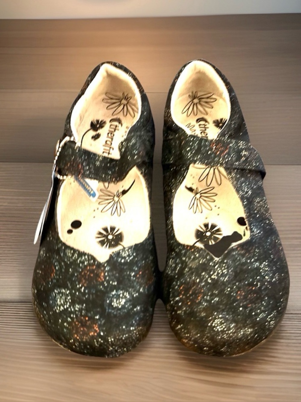 Therafit Women’s Adjustable Leather Comfort Shoes SZ 6.5-7 Navy Print Mary Jane
